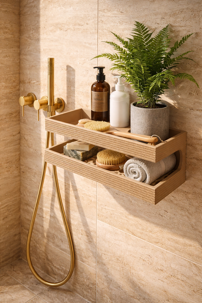 2 tier wall mounted bathroom shelf for shower storage with drainage design