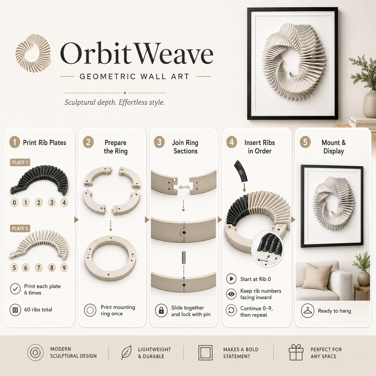 Instructional graphic for Orbit Weave geometric wall art, showing the product in a framed display at the top and a five-step assembly guide below with printed rib plates, ring sections, mounting, and hanging in a styled room setting.
