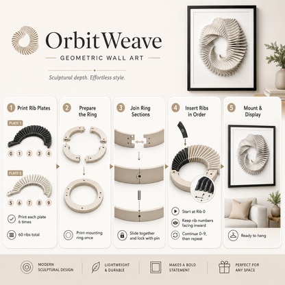 Instructional graphic for Orbit Weave geometric wall art, showing the product in a framed display at the top and a five-step assembly guide below with printed rib plates, ring sections, mounting, and hanging in a styled room setting.