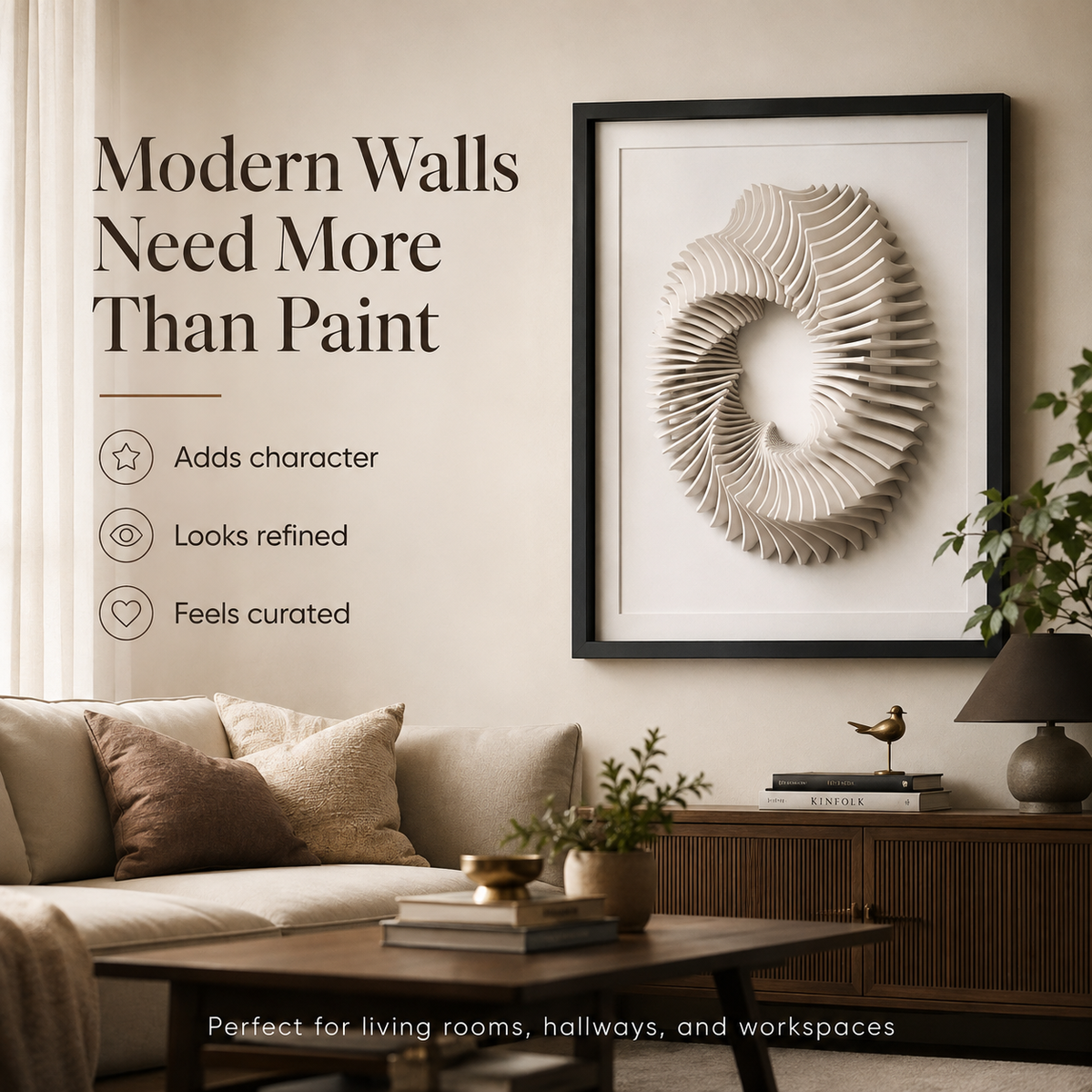 Framed wall art with a black frame and white mat, featuring a large beige sculptural spiral design, displayed in a modern living room setting with a sofa, coffee table, and decorative plants. Text on the left reads 'Modern Walls Need More Than Paint'.