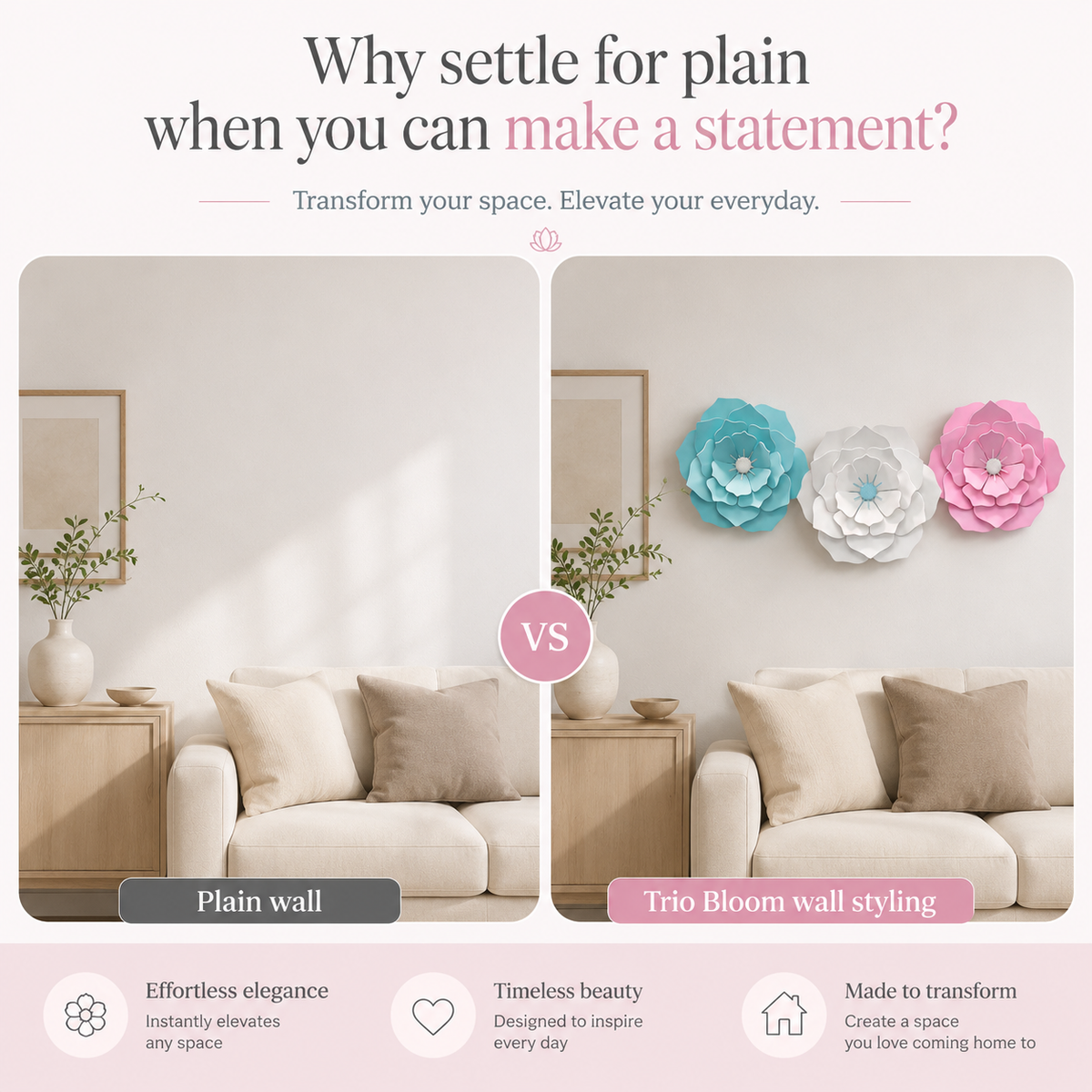 A promotional comparison graphic for wall decor. The left panel shows a plain beige wall with a sofa and side table, labeled 'Plain wall.