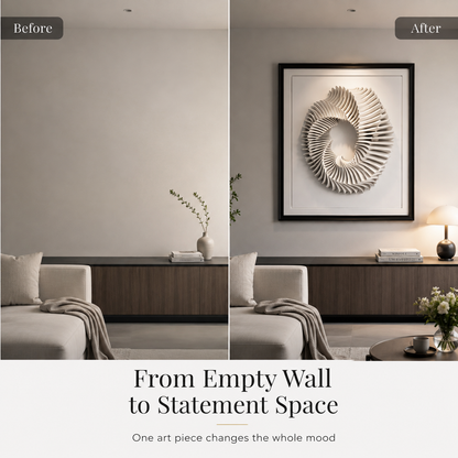 Before-and-after comparison of a living room wall, showing an empty beige wall on the left and a styled room with a large framed abstract spiral art piece on the right. Text at the bottom reads 'From Empty Wall to Statement Space'.