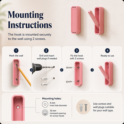 Instructional graphic showing how to mount a pink wall hook with four numbered steps, including marking the wall, drilling and inserting wall plugs, fixing the hook with two screws, and confirming it is ready to use. The background is a soft warm beige.