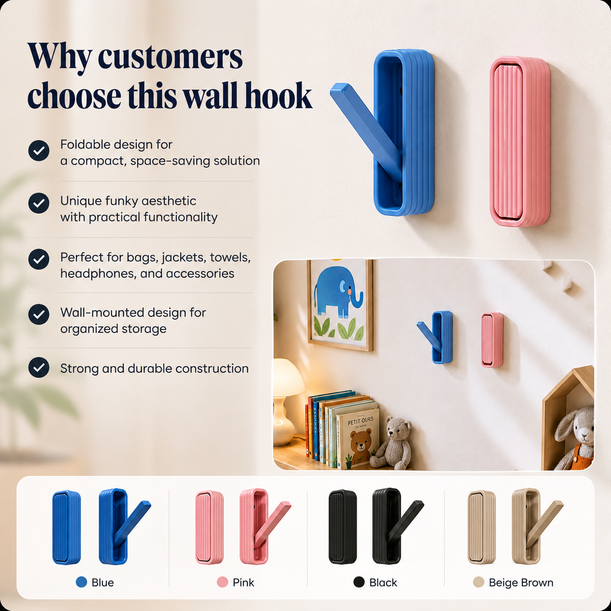 A promotional graphic for wall hooks showing the product in multiple colors, with text listing benefits such as foldable design, space-saving compact size, and wall-mounted storage. The image includes a main product demonstration on a wall, smaller inset views, and a row of color options labeled Blue, Pink, Black, and Beige Brown.