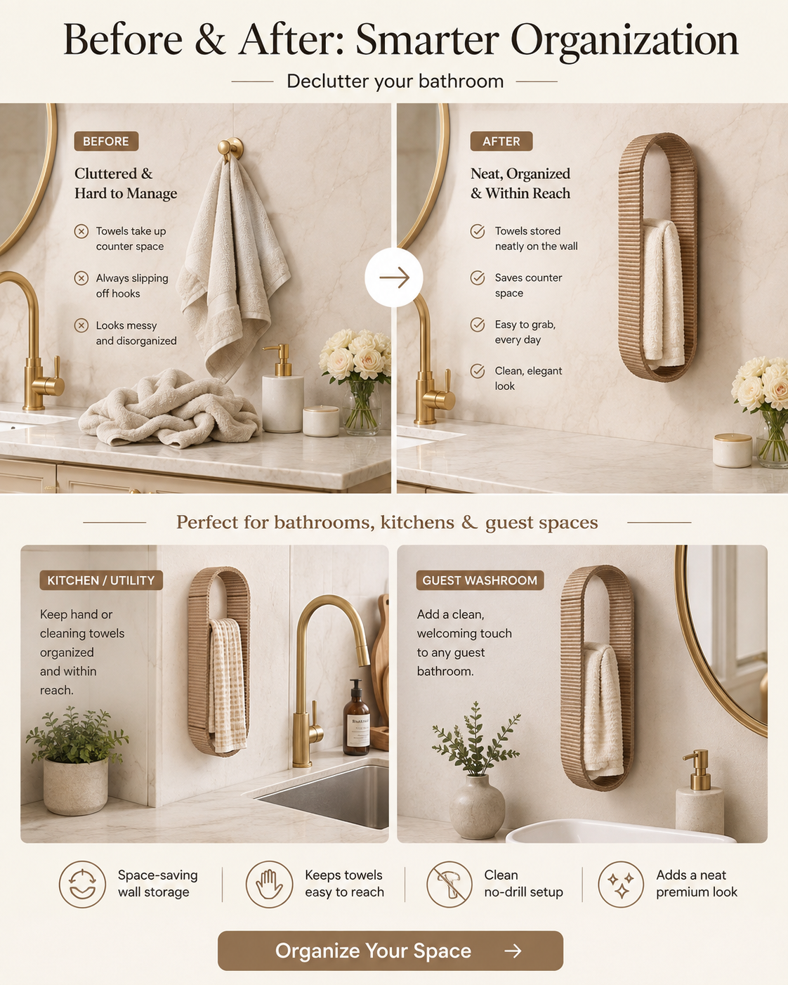 A promotional collage showing a wall-mounted mirror organizer in a bathroom setting, with before-and-after text overlays, multiple bathroom scenes, and feature icons. The product appears as a rectangular mirror with a woven or wood-toned frame mounted on a beige wall.