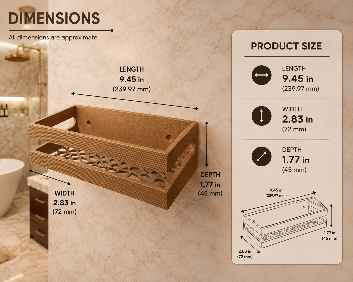 A bathroom wall-mounted wooden shelf or tray shown with dimension callouts and a product size panel. The product appears to be a rectangular wood shelf with a slotted front and textured side panel, mounted on a beige marble-look wall.