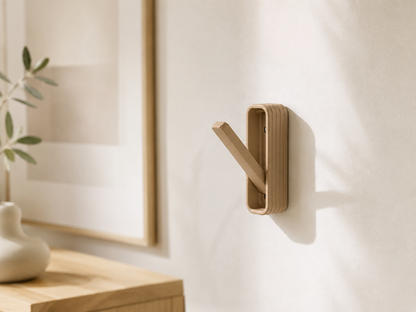 A minimalist light wood wall hook mounted on a warm off-white wall, shown in a softly styled interior setting with a wooden table, framed art, and a small plant.