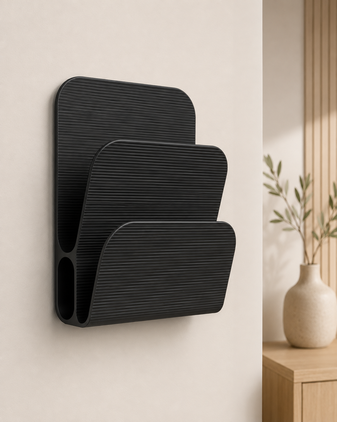 A black wall-mounted organizer with three tiered, ribbed compartments, shown mounted on a light beige wall in a modern interior setting with a wooden side table and a vase in the background.