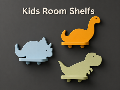 Three dinosaur-shaped children's wall shelves in light blue, mustard yellow, and pale green, mounted on a dark gray wall with the text 'Kids Room Shelves' above them.