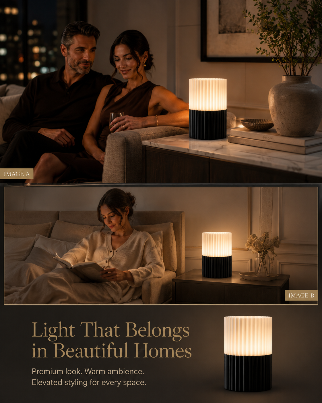 A lifestyle collage showing a modern ribbed cylindrical table lamp in use in two home scenes, with a large product close-up at the bottom. The lamp has a dark charcoal/black pleated base and a warm white glowing ribbed shade.