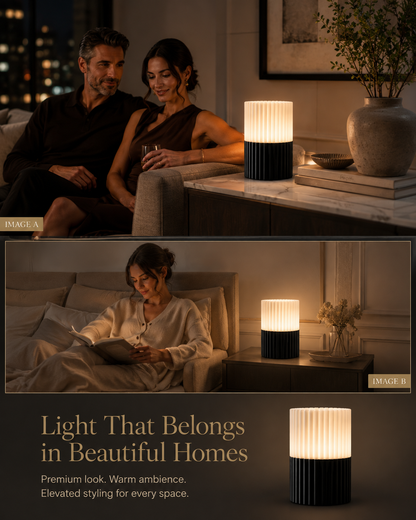 A lifestyle collage showing a modern ribbed cylindrical table lamp in use in two home scenes, with a large product close-up at the bottom. The lamp has a dark charcoal/black pleated base and a warm white glowing ribbed shade.