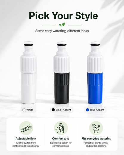 Three watering canister-style water bottles shown in white, black, and blue color options under the heading 'Pick Your Style,' with small text noting same easy watering, different looks. Below the bottles are feature icons and text for adjustable flow, comfort grip, and everyday watering.