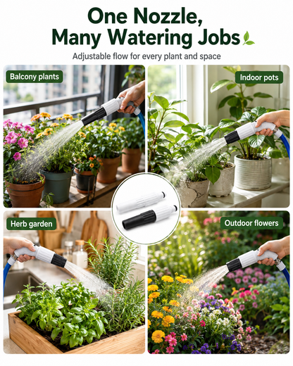 A promotional collage for a multi-functional watering can nozzle. The top text reads 'One Nozzle, Many Watering Jobs'.