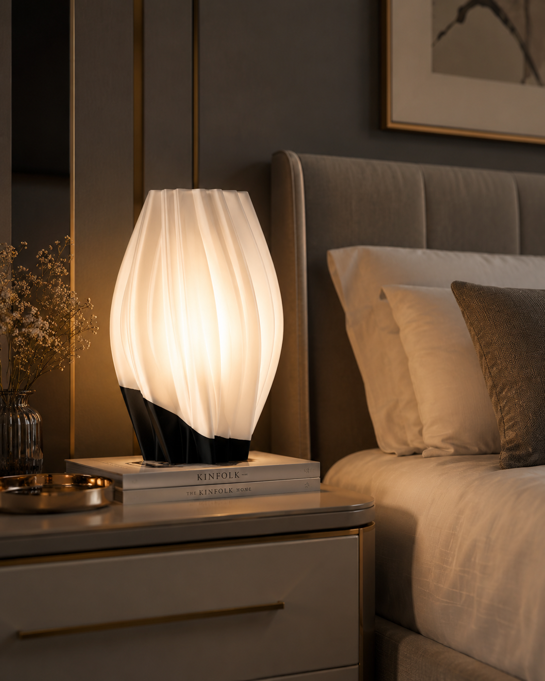 Wave Glow Table Lamp with black base and white shade placed on a bedroom bedside table