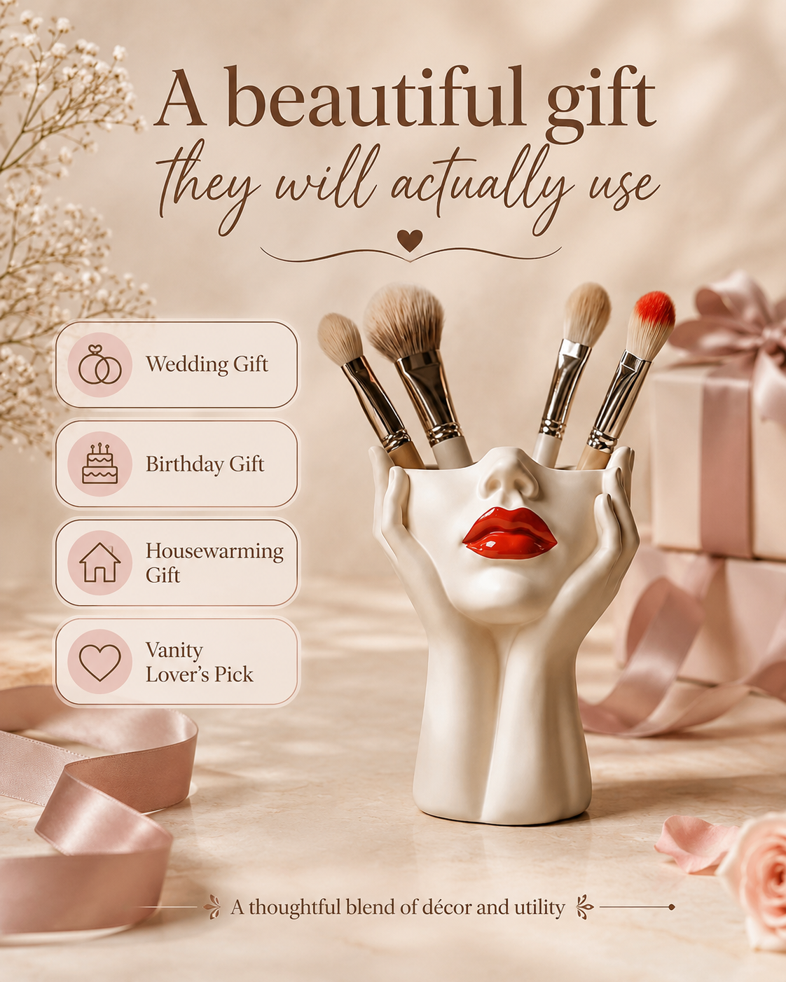 A beige ceramic makeup brush holder shaped like a female face with red lips, holding several makeup brushes. The image is a styled promotional graphic with pink ribbons, gift boxes, baby's breath flowers, and text overlays suggesting gift occasions: Wedding Gift, Birthday Gift, Housewarming Gift, and Vanity Lover's Pick.