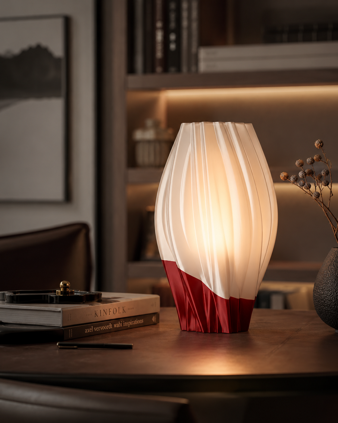 White shade decorative table lamp with matte black base for premium bedroom decor