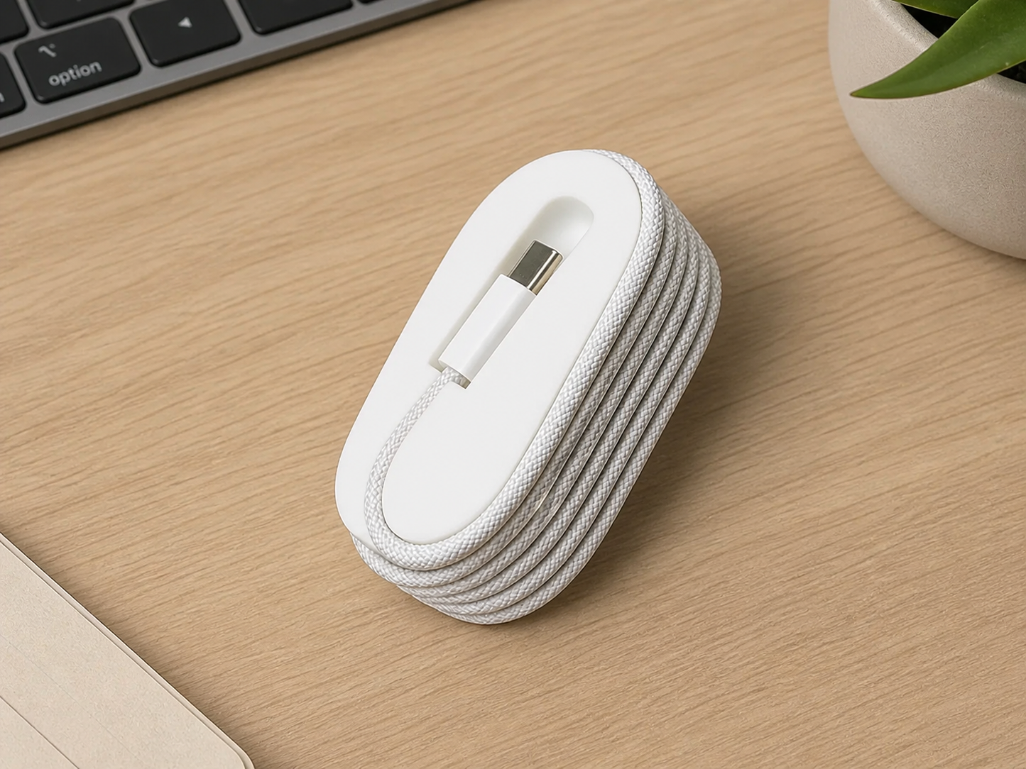 Close-up of white USB-C cable winder holder with braided charging cable and connector slot