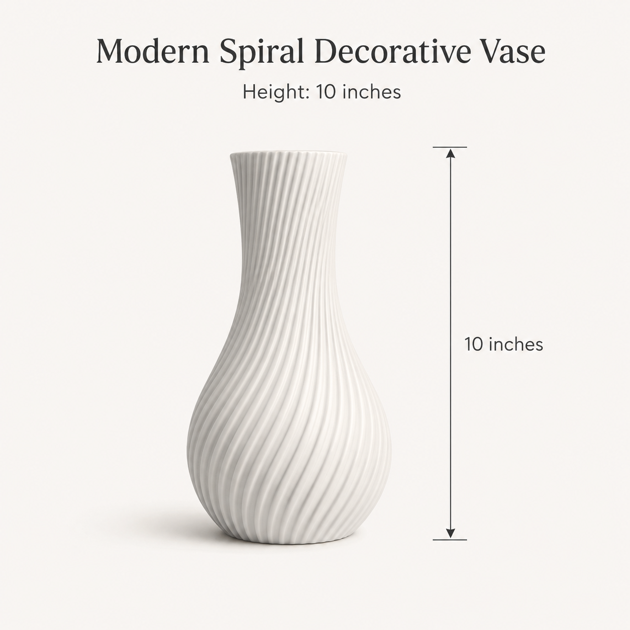 A white ceramic decorative vase with a ribbed spiral pattern, shown with text indicating its height is 10 inches on a light beige background.