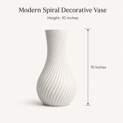 A white ceramic decorative vase with a ribbed spiral pattern, shown with text indicating its height is 10 inches on a light beige background.