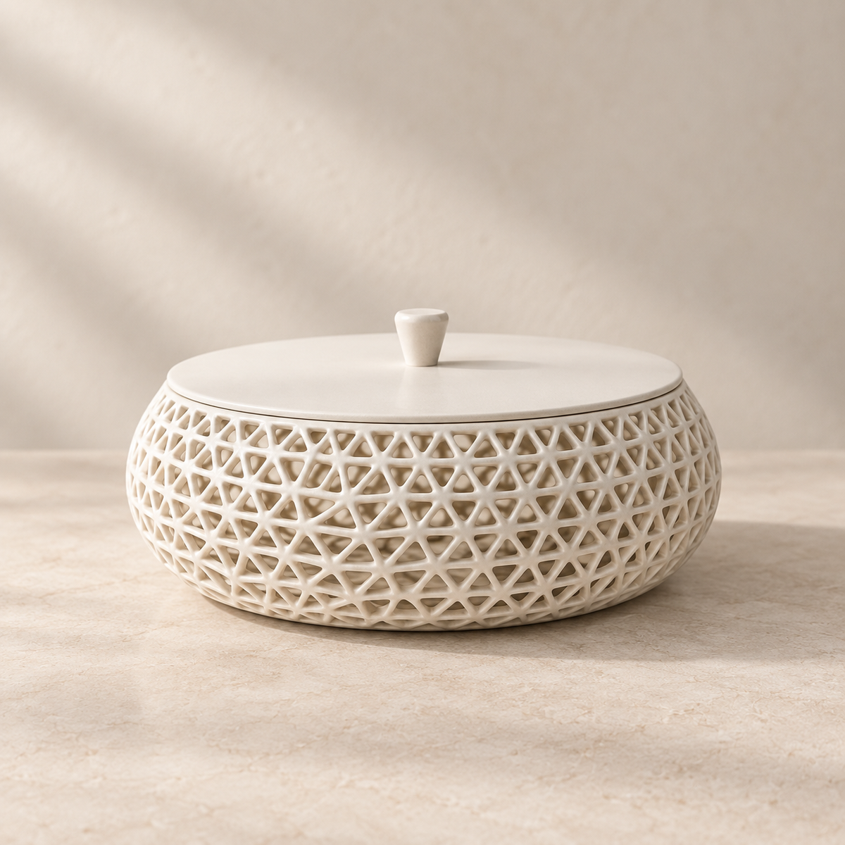 A round ceramic lidded container with an intricate open geometric triangle pattern on the body and a smooth matching lid with a small top knob, shown on a neutral beige surface with soft shadows.