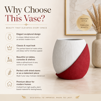 A modern ceramic vase with a white ribbed upper body and a matte red lower section, shown on a beige promotional background with text callouts and a framed art print.