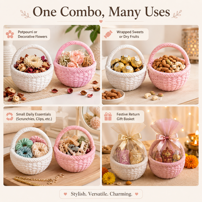 A promotional collage showing a pink and white woven basket set in four use cases: potpourri, wrapped sweets or dry fruits, small daily essentials, and a festive return gift basket. The image features a top header reading 'One Combo, Many Uses' and includes decorative labels and warm, cozy background lighting.