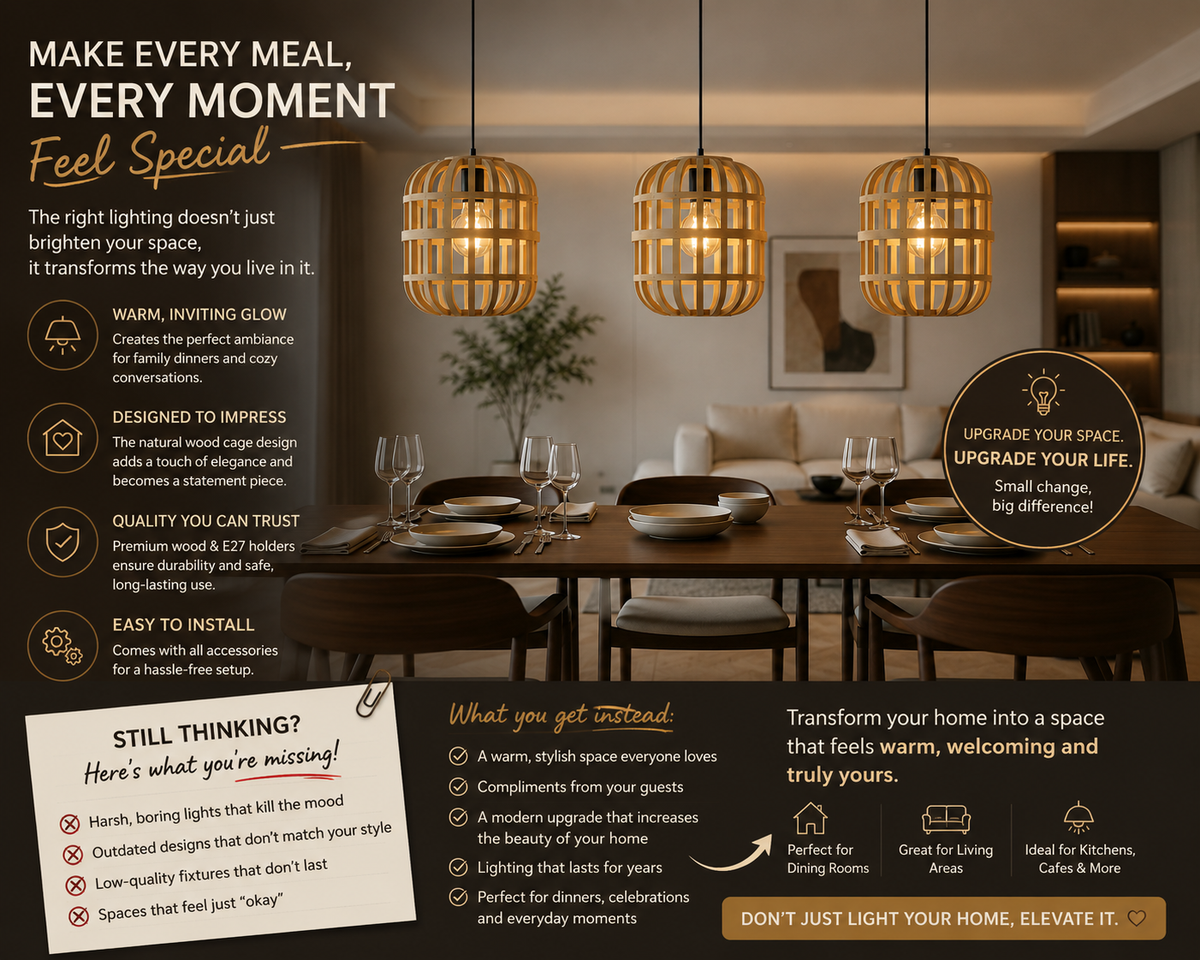 A promotional infographic for a set of three woven pendant lights hanging over a dining table in a modern dining room. The image features text callouts, icons, and before-and-after style marketing graphics explaining the benefits of warm, inviting lighting.
