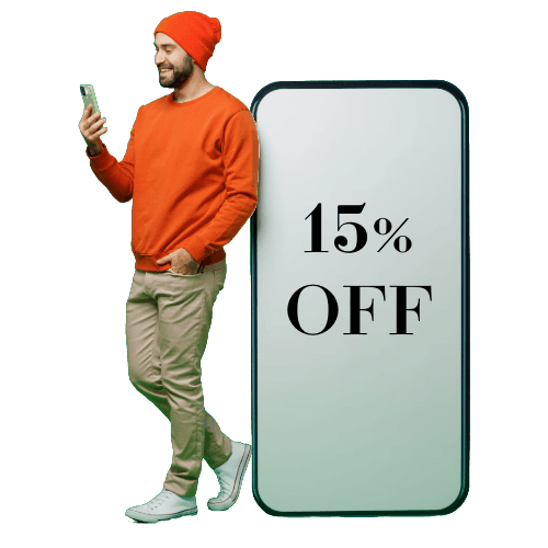 Man in an orange hoodie checking his phone next to a mobile screen displaying a 15% off discount offer.