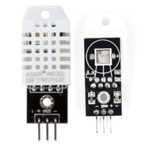 DHT22 AM2302 digital temperature and humidity sensor module, front and back view, with 3-pin output for microcontroller connections
